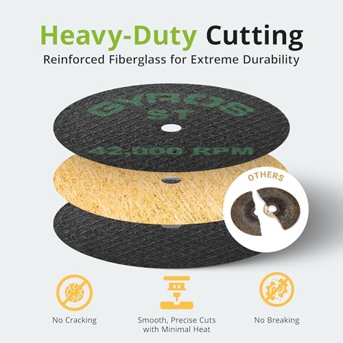 GYROS 1.75” Mini Resin Cut-Off Wheels for Rotary Tools, 12 Double Fiberglass Reinforced Cutting Discs, ST Materials Like Titanium, Carbon; Dremel Cutting Tool Accessory. Made in USA 11-41702/12