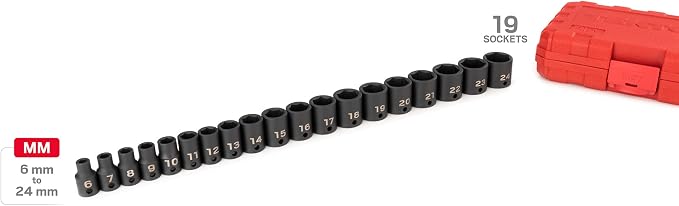 TEKTON 3/8 Inch Drive 6-Point Impact Socket Set, 19-Piece (6-24 mm) - Case | SID91302 | (6 - 24 mm), Shallow, 6-Point, Case