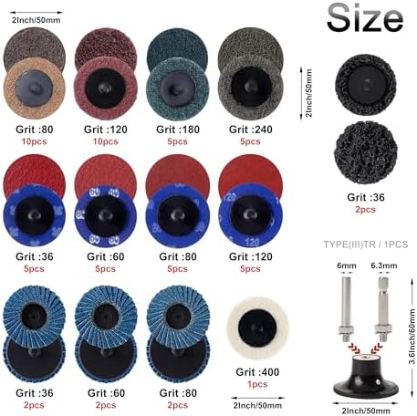 60PCS 2 Inch Sanding Disc Quick Change Disc Set with Shank Holder Fits Various Grinder Roll Lock Disc Die Grinder Surface Conditioning, Polishing, Finishing and Burr Rust Paint Removal