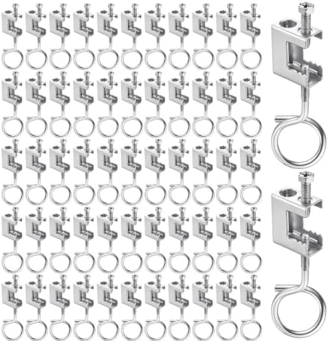 Tandefio 100 Set 1/4"-20 Spring Steel Beam Clamps Metal Beam Hangers Bolt on Clamp with Metal Machine Threaded Bridle Rings for Pipe Cable Woodworking Tool (Silver,1 1/4 Inch Bridle Rings)