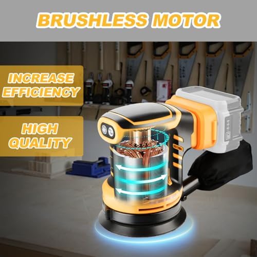 Brushless Random Orbit Sander 6 Adjustable Speed Electric Sander Compatible with Dewalt 20V Battery (No Battery) with Dust Bag 20 Sandpaper for Polishing, Sanding, Smoothing Surfaces