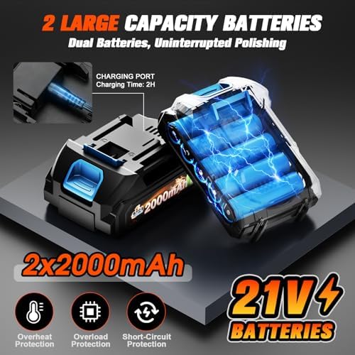 Cordless Car Buffer Polisher, 8-Speed, 2*21V 2000mAh Batteries