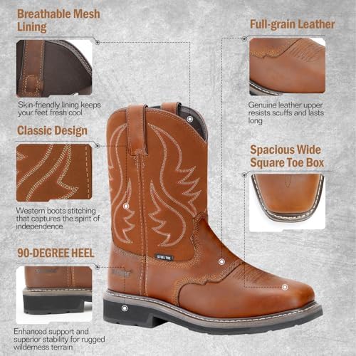 Showave Steel Toe Cowboy Boots for Men Western Square Toe Work Boot Full-grain Leather Safety Boots with Hazard Protection for Construction Manufacture Farming