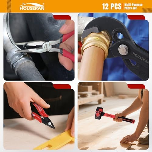 12-Piece Household Hand Tool Set with Toolbox – Heavy Duty CRV Pliers, Adjustable Wrench, Rubber Mallet & Claw Hammer for Home, Garage, Automotive & DIY Projects