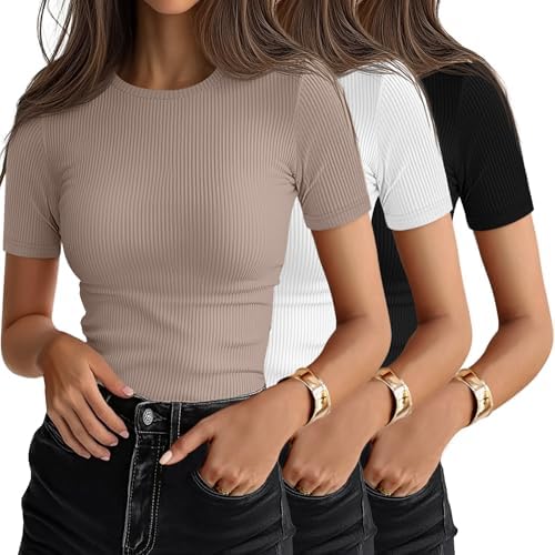 Ficerd 3 Pack Women's Ribbed Short Sleeve T-Shirts