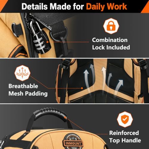 LOKASS Tool Backpack Heavy Duty, 18.5 in, 56 Pockets, Molded Bottom, Brown