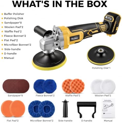 Upgraded Cordless Buffer Polisher Compatible with DEWALT 20V Battery, 8000 RPM Max Brushless Motor, Car Polisher 5" Backing Plate, Detachable Handle, Ideal for Car Detailing, Sanding & Waxing