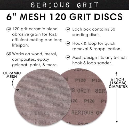 Serious Grit - 6-Inch P120 Grit Ceramic Mesh Sanding Discs - 50 Pack