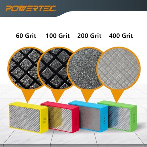 POWERTEC 72305 Diamond Hand Polishing Pads 2Pack, 60 & 200 Grits, Diamond Sanding Block for Polishing and Grinding Porcelain, Ceramic Tile, Glass, Granite, Stone, Wood & Metal