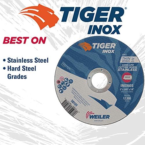 Weiler 58101 5 Inch Cutting Wheel, Tiger Inox Stainless Steel Contaminant-free High Performance Cutting, .045" INOX60S Type 1 7/8" Arbor, Pack of 25