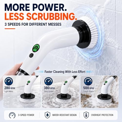 PPLEE Electric Spin Scrubber, Cordless Spin Scrubber, 3 Speeds, Long Handle