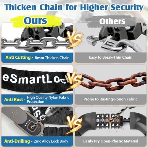 Eseesmart Fingerprint Bike Chain Lock with Keys, Heavy Duty Anti-Theft Bicycle Chain Lock, 3.28 Ft 8mm Thicker Security Bike Locks Waterproof for Bike, Bicycle, Scooter, Motorcycle, Gate, Fence