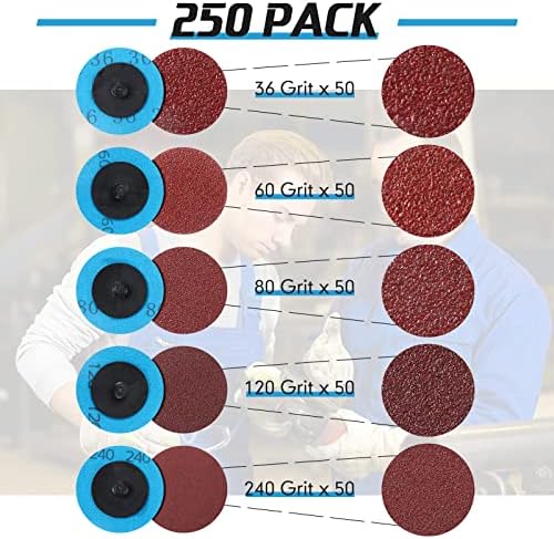 Chumia 250 Pcs 2 Inch Sanding Discs Set 5 Grit Mix 36 to 240, Red