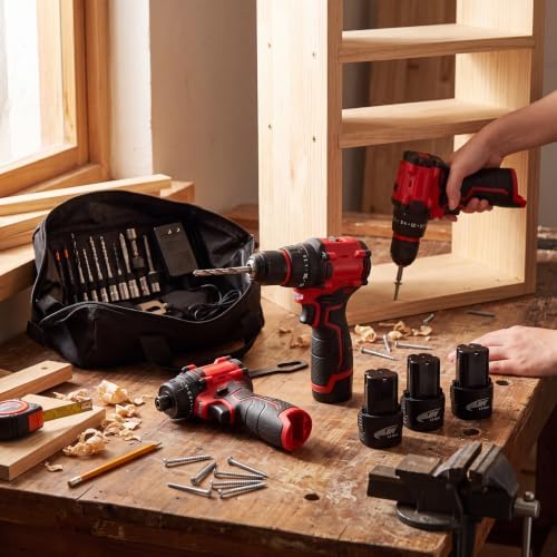 16.8V Screwdriver and Electric Drill Set, With 3 Batteries, 25 Accessories and Tool Bag, for Home DIY, Woodworking, Red