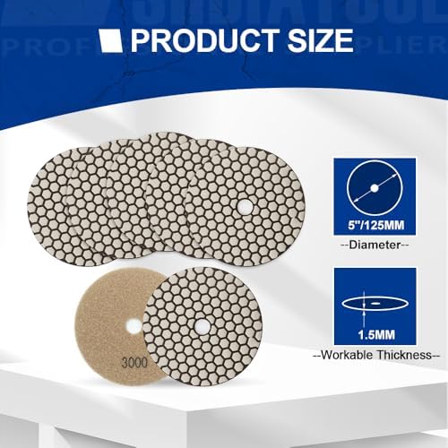 SHDIATOOL 5 Inch Dry Diamond Polishing Pads Grit 3000 for Granite Marble Quartz(7-Pack)