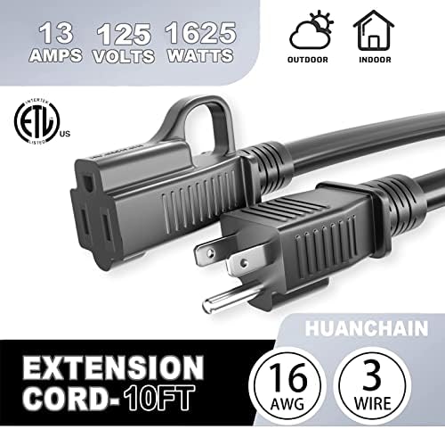 HUANCHAIN Indoor Outdoor Black Extension Cord 10 FT Waterproof 16/3 Gauge