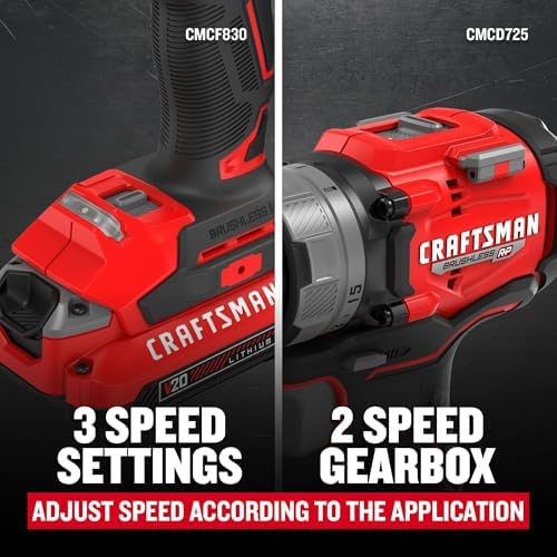 CRAFTSMAN V20 Brushless RP 1/2 inch Drill/Driver with 2 speed gear box, 1/4 inch Impact Driver, 2 Batteries and Charger Included (CMCK2530C2)