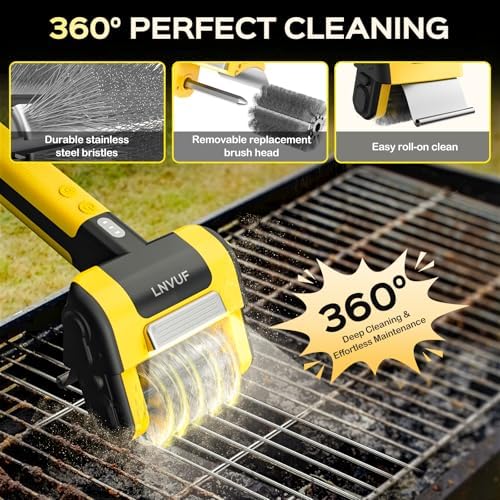 Electric Grill Brush, Grill Cleaner with LED Light, with 800 RPM Motor, Heavy Duty Grill Cleaning Tool, Personalized Grill Gift s for Dad (Yellow)