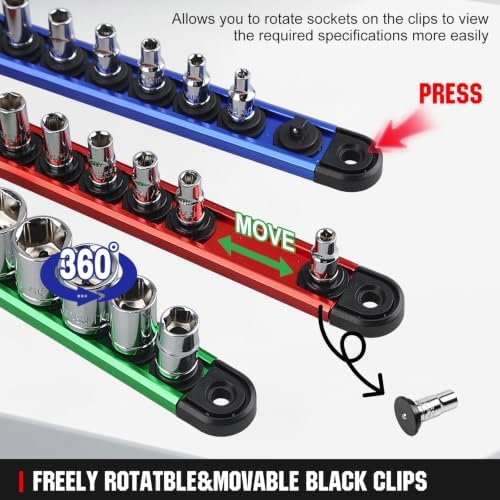 Magnetic Socket Organizer – 3/8-Inch Drive Aluminum Alloy Socket Rail | Heavy Duty Socket Holder & Ratchet Organizer | Socket Organizer for Tool Box Drawer with 14 Clips (Red) | Magnetic Socket Organizer