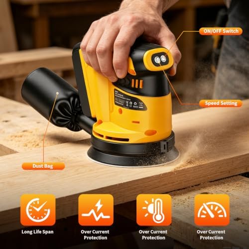 Cordless Orbital Sander for Dewalt 20V Battery(Battery Not Included), Brushless 3 Variable Speeds, 7500 to 11000 RPM, Sandpapers With Dust Collector for Woodworking Sanding, Metal & DIY