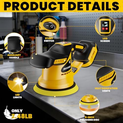 Cordless Buffer Polisher for Dewalt 20V Battery, 450W Brushless Car Buffer Polisher Waxer with 6 inch disc, 6 Variable Speed Up to 5200 RPM for Waxing Polishing Scratch Removal (Tool only)