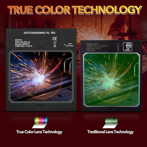 TRQWH Welding Helmet Auto Darkening Large Viewing True Color Solar Powered Welding Mask with 4 Arc Sensor Adjustable Wide Shade Range 4~5-8/9-13 Welder Mask with Grinding