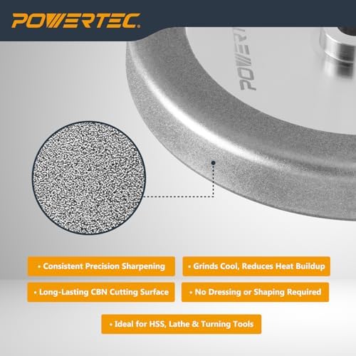 POWERTEC CBN Grinding Wheel 8 Inch 180 Grit, 1-1/4" Wide, 5/8" Arbor – 4-in-1 CBN Sharpening Wheel with 1/4" Radius Edge and Side Face for Bench Grinder (15702)