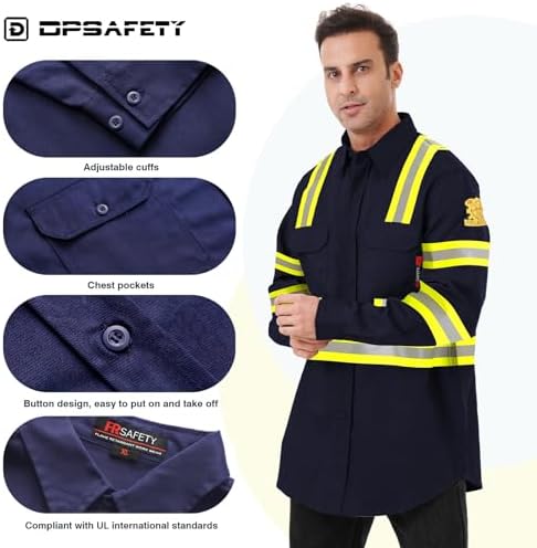 FR Shirts for Men 7oz High Visibility Fire Resistant Shirts CAT2 Welding Shirt 100% Cotton Hi Vis Flame Resistant Shirt Navy(4X-Large)