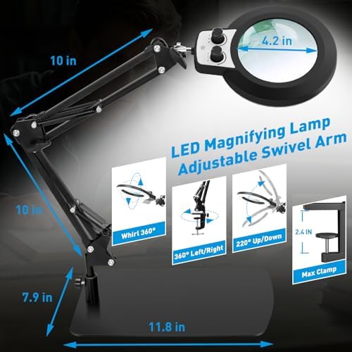 KIRKAS 12X Magnifying Glass with Light and Stand, Overhead Knob 2 in 1