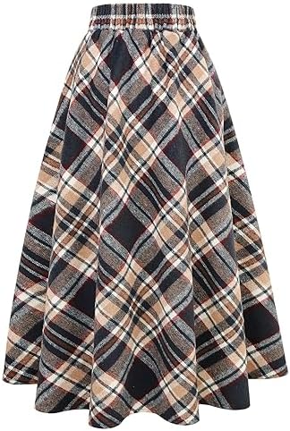 IDEALSANXUN Womens Plaid Wool Skirts Elastic Waist A-Line Pleated Tartan Long Skirts