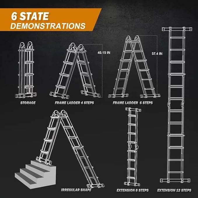 Soctone Ladder, A Frame Extension Ladder, Multi Position with Stabilizer Bar, 330 lbs Weight Rating Telescoping Ladder for Household or Outdoor Work, 14 Ft, Orange