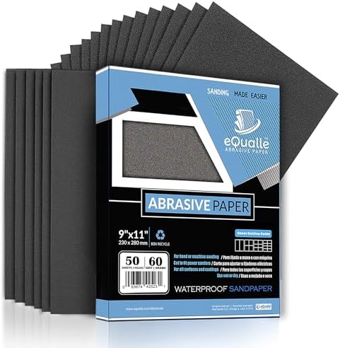 Extra Coarse Sandpaper, 60 Grit Sheets 9 x 11 in Silicon Carbide, Pack of 50 for Paint Stripping, Rough Wood Shaping, Metal Prep, Drywall Repair, Furniture Cabinets, Automotive Wet Dry Use