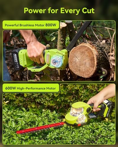 Supstable 3-in-1 Cordless Mini Chainsaw & Hedge Trimmer Combo, 8 Inch Mini Chainsaw with Grass Shear, 800W Brushless Motor, 2×4000mAh Batteries, Garden Tool Set for Tree Trimming & Lawn Care