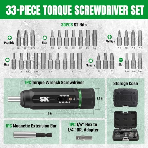 SK 33-Piece Torque Screwdriver Set, 10-80 Inch Pound, Full CNC-Machined