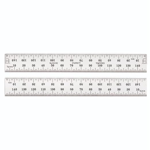 Starrett Spring Tempered Steel Rule with Satin Chrome Finish and Millimeter Graduation - 150mm Length, 35E Graduation Type, 1.2mm Thickness, 19mm Width - C635E-150