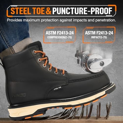 NINGO Steel Toe Work Boots for Men, Non Slip Mens Safety Moc Toe Work Shoes