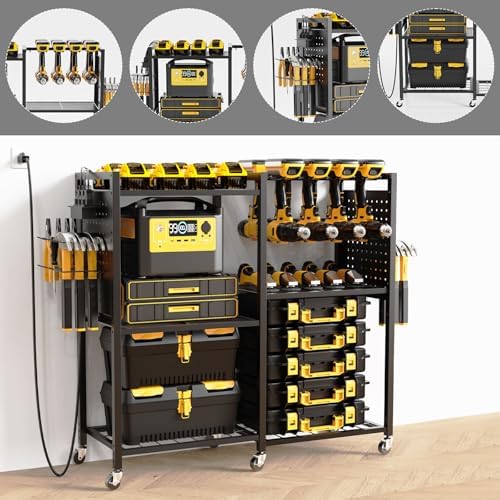 6-Tier Large Power Tool Organizer Cart with Charging Station, Heavy-Duty Garage Rolling Tool Cart with 6 Wheels, 8 Hooks & Adjustable Shelves, Holds 700LBS+
