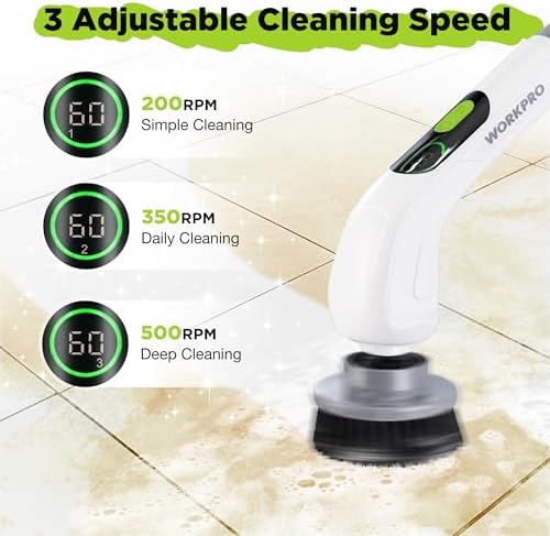 WORKPRO 8V Cordless Spin Scrubber, 8 Replaceable Brush Heads & 3 Speeds