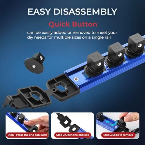 Reniteco Magnetic Socket Organizer Set, 6-Piece 1/4” 3/8” 1/2” Socket Rails | 80-Clip: 1/4" Rail-28 Clips, 3/8" Rail-24 Clips, 1/2" Rail-28 Clips, Heavy-Duty Aluminum Alloy Rails, Drawer or Wall Mount