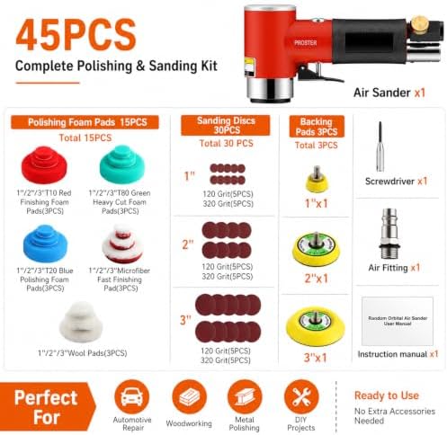 Proster Random Orbital Air Sander 1/2/3Inch Mini Pneumatic Sander Kit
