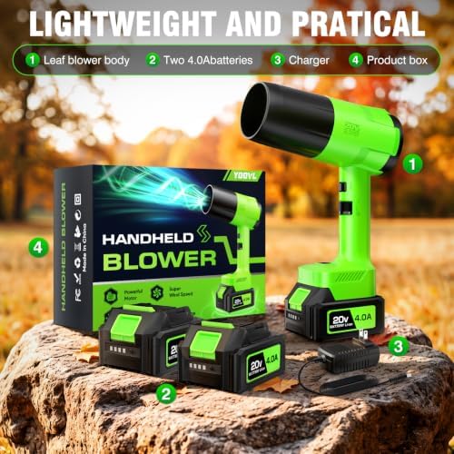 Cordless Leaf Blower, Hand held Leaf Blower with Two 4.0Ah Battery and Charger, Snow Blower with 6 Speed Modes, Lightweight Electric Blowers for Lawn Care, Patio, Yard, Blowing Snow, Leaves, Dust