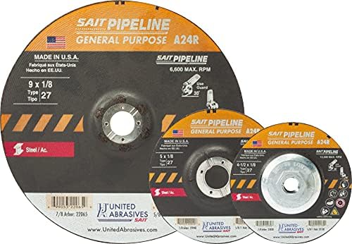 United Abrasives-SAIT 22007 A24R General Purpose Pipeline Wheel (Type 27 Depressed Center) 4" x 1/8" x 3/8", 25-Pack