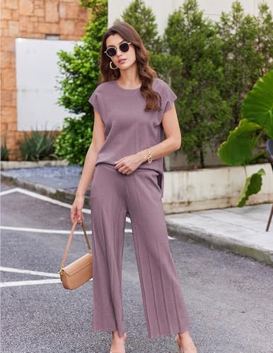 Ekouaer Lounge Sets for Women Two Piece Outfits Knit Cap Sleeve Tops Wide Leg Pleated Pants Casual Dressy Sweater Sets