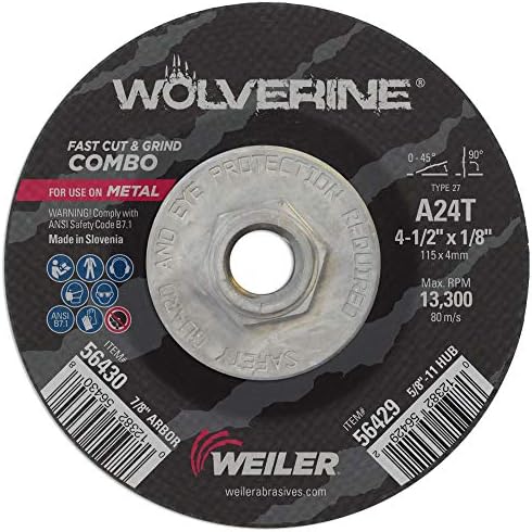 Weiler 56429 Wolverine Type 27 Cut and Grind Combo Wheel, A24T, 5/8" 11 UNC Nut, 4 1/2" x 1/8", Aluminum Oxide, 4.5" Diameter (Pack of 10)