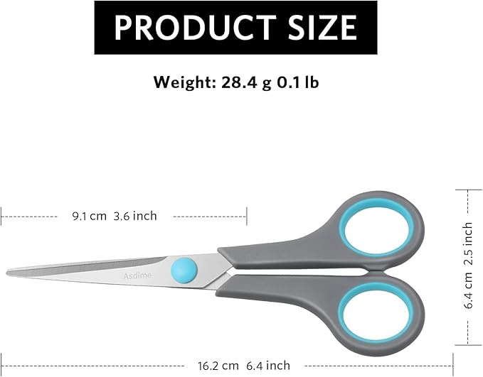 Asdirne 6.4" Scissors, Stainless Steel Blades, Soft Grip Handle, Suitable for Households,Offices and Schools, All Purpose, Blue/Grey
