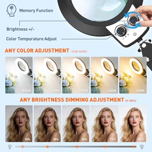 KIRKAS 12X Magnifying Glass with Light and Stand, Extra-Long Arm Knob