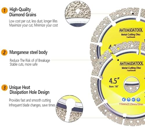 4-1/2 Inch Diamond Cut Off Wheel for Metal, 4.5" Angle Grinder Cutting Grinding Disc on Cast Iron Rebar Carbide Stainless Steel Saw Blades 7/8“ Arbor, Pack of 2