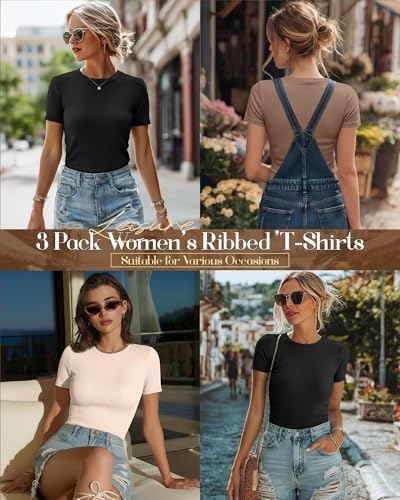 Ficerd 3 Pack Women's Ribbed Short Sleeve T-Shirts