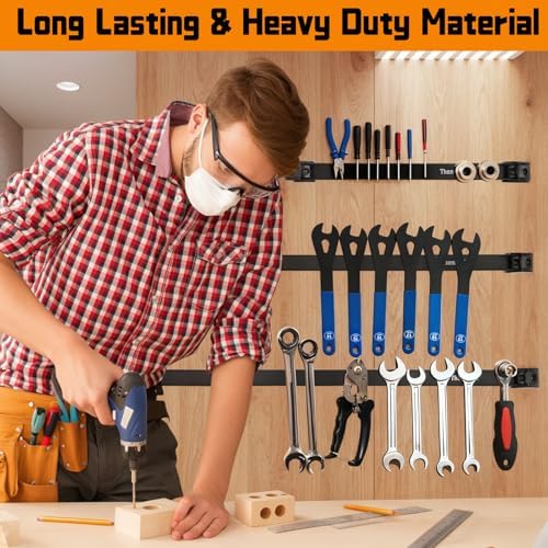 18" Magnetic Tool Holder Strip, 6 Pieces Black Metal Tool Organizer Rack with Stainless Steel Surface, Magnet Bar for Garage Workshop, Easy To Install with Mounting Screws