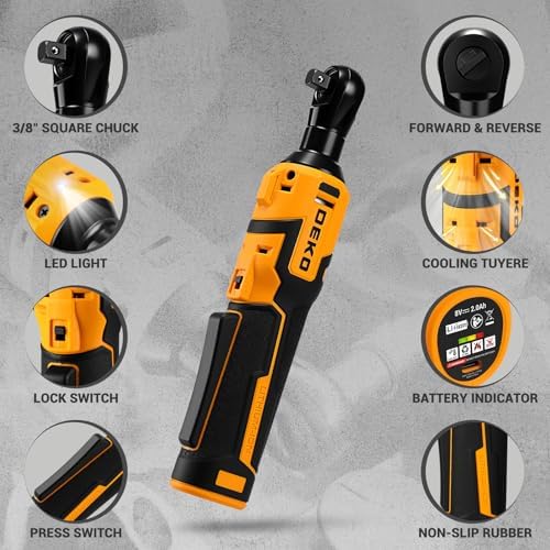 DEKOPRO Cordless Electric Ratchet Wrench Set 3/8" 450RPM Power Ratchet Tool Kit, 19Pcs Cordless Ratchets Wrench Set with Variable Speed,14 Sockets,3/8" to1/4 Adapter,2 Extension Bars, Charging Line